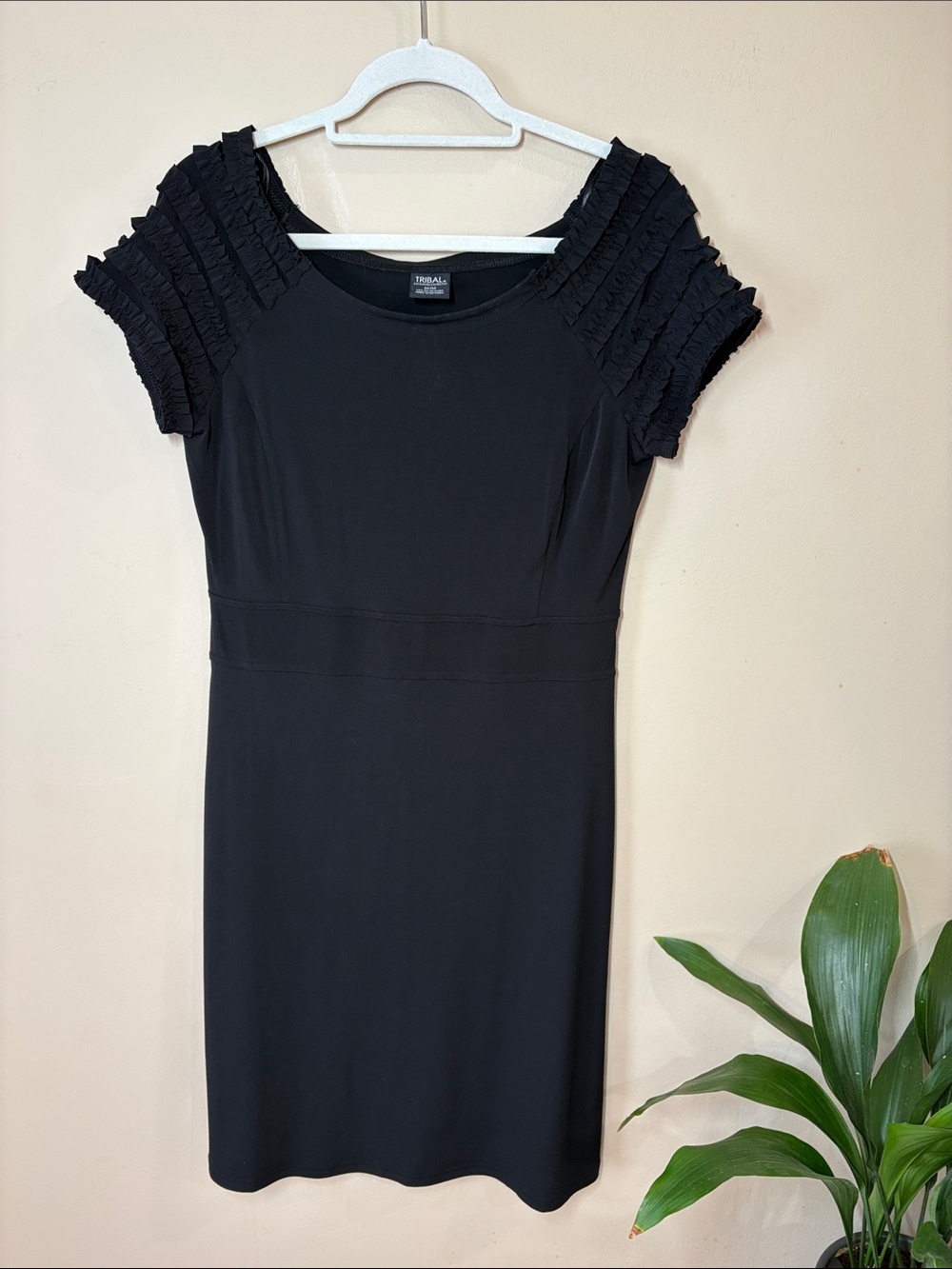 Tribal LBD Black Ruffle-Sleeve Jersey Sheath Midi Dress, M